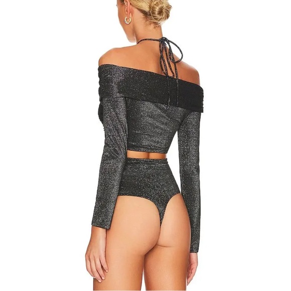JONATHAN SIMKHAI STANDARD Raina Metallic Off Shoulder Bodysuit in Black Size S - Picture 4 of 6